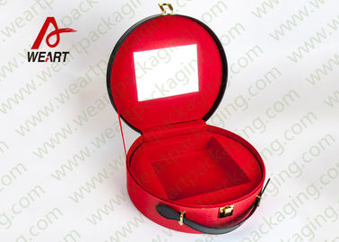 Customized Red Round Makeup Organizer Box , Leather Handle Cosmetic Pouch Bag