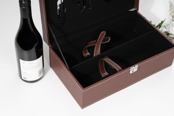 Customized two bottles of high-quality PU leather sewing red wine packaging box with bottle opener and other accessories